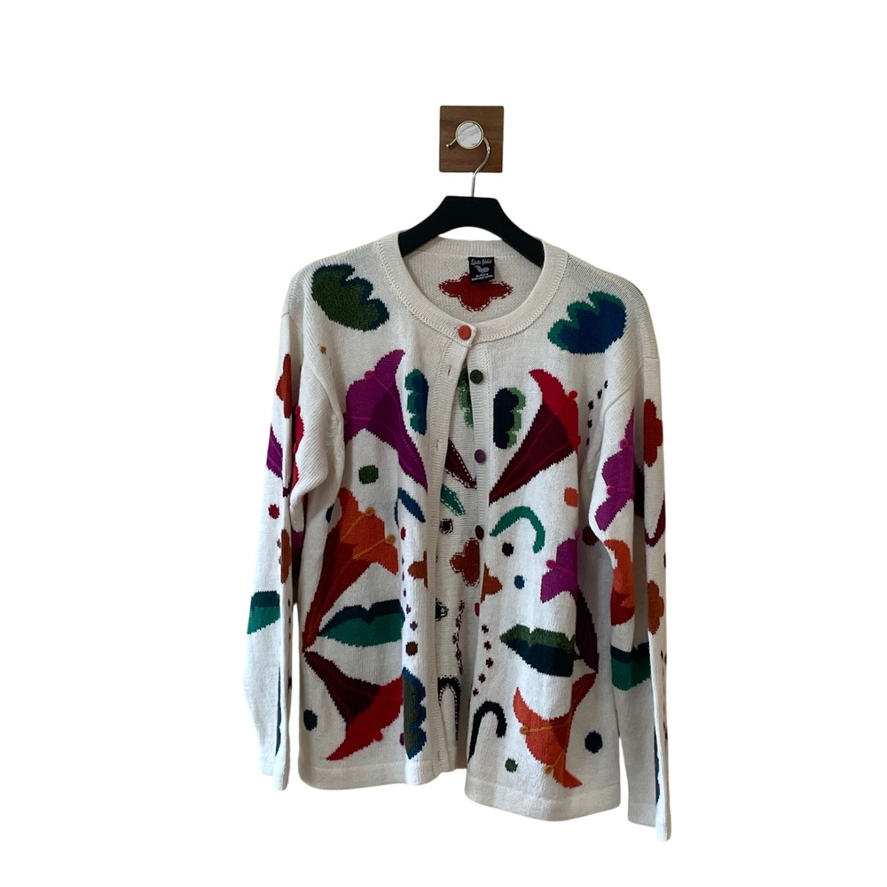Efrata Global Alpaca Wool Floral Cardigan Sweater Colorful Handmade Peru Med/Lg